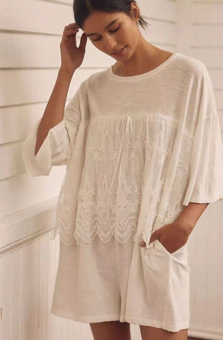 Anthropologie LyreBird Cotton Lace Twofer Romper Mesh Embroidered Size Medium
